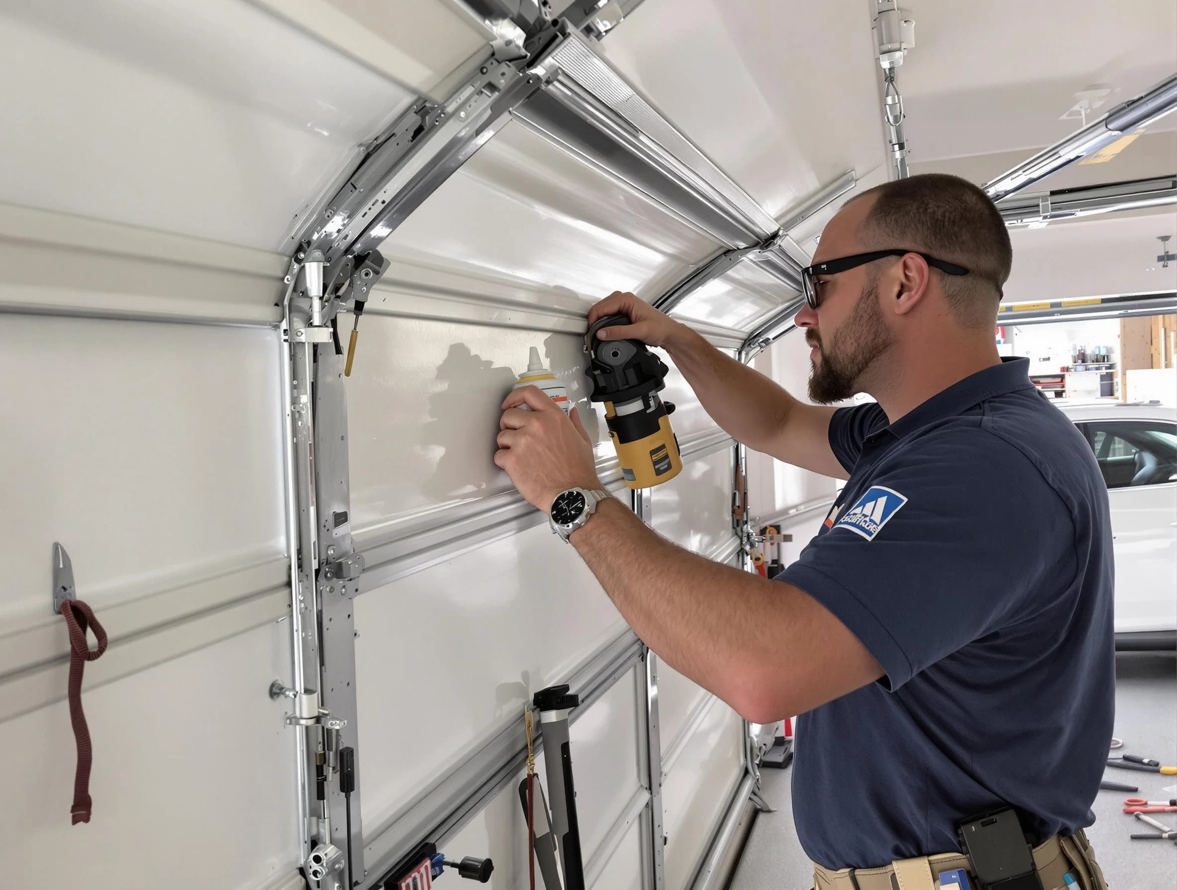 USA Garage Door Experts technician performing comprehensive noise reduction service in New Haven