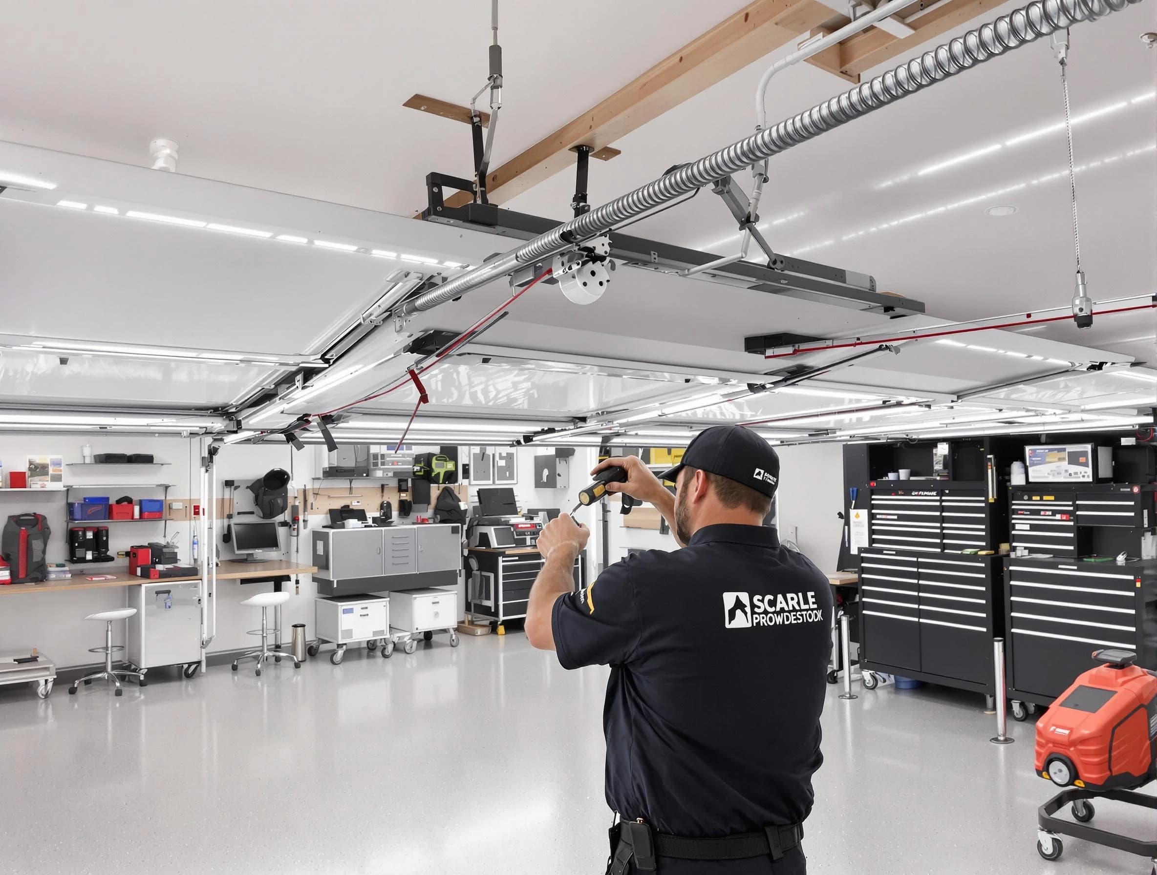 USA Garage Door Experts technician repairing overhead garage door in New Haven