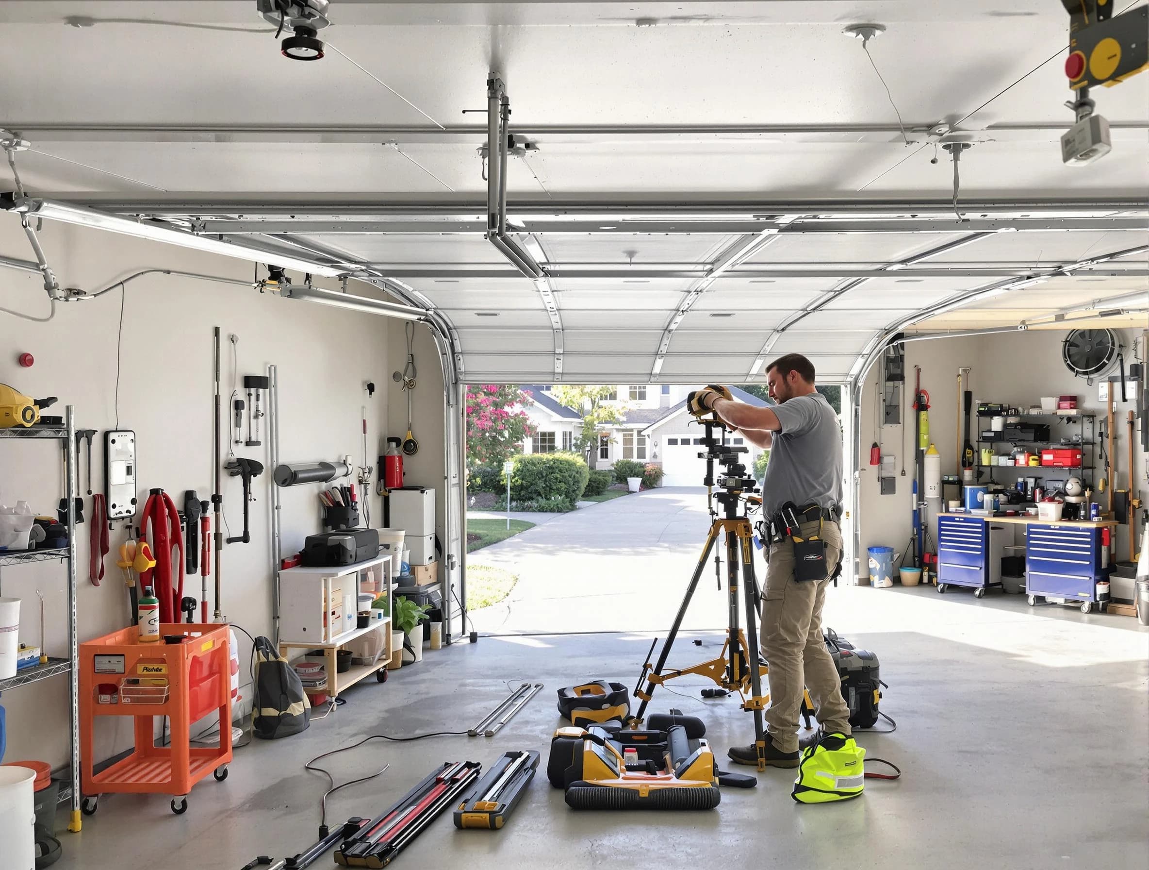 USA Garage Door Experts specialist performing laser-guided track alignment in New Haven